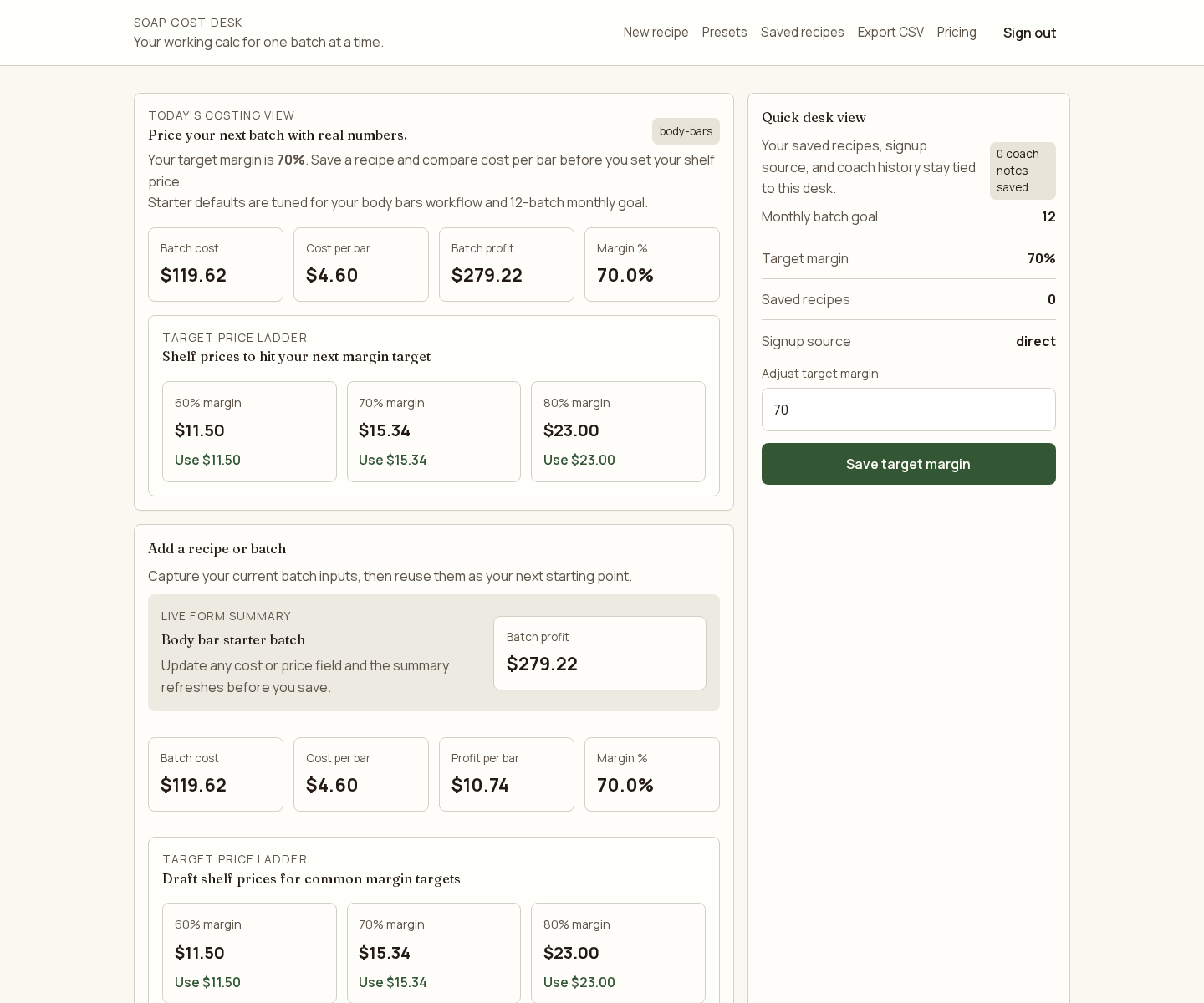 Soap Cost Desk dashboard showing saved recipes, live pricing math, and the recipe form